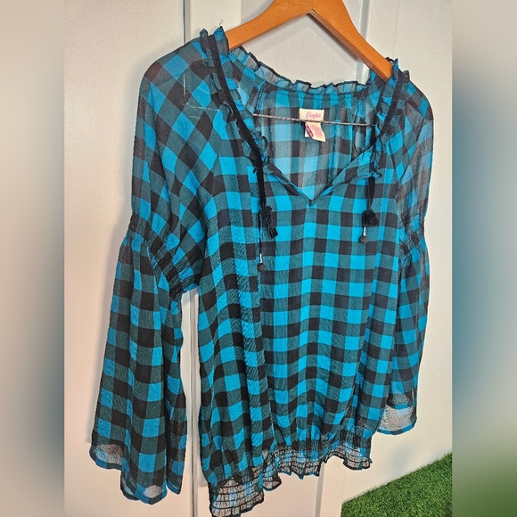 Candie's XL Blue & Black Plaid Sheer Blouse Bell Sleeve Velvet Tie Boho Top - Picture 5 of 9